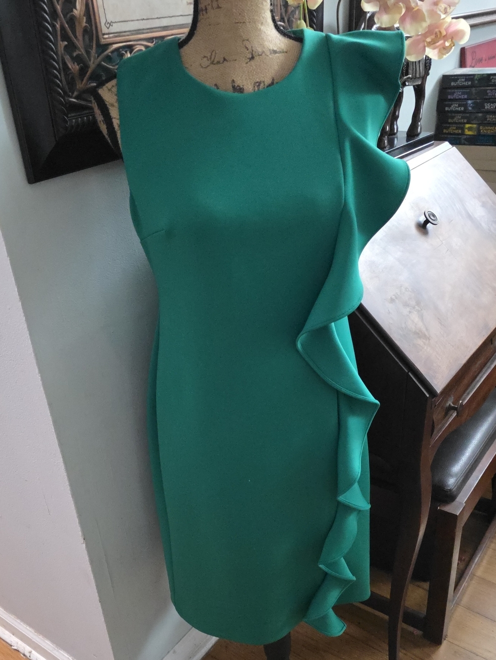 Calvin Klein Teal Ruffle-Accent Sheath Midi Dress